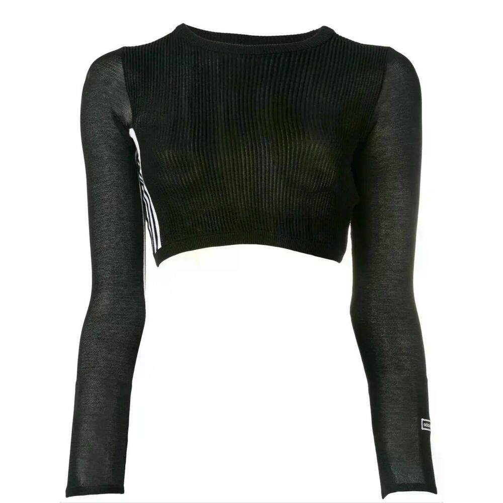 Adidas Originals Black Sheer Ribbed 3 Stripe Crop Top Long Sleeve